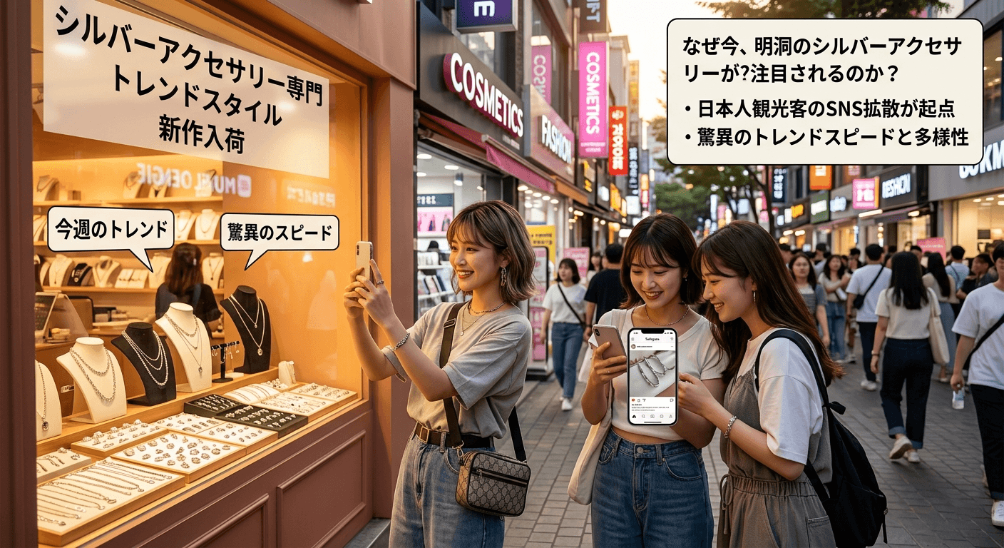 ソウル明洞のショッピング街でアクセサリーを探す人々
